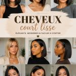 Femme avec des cheveux courts lisses, mettant en valeur un style moderne et élégant.