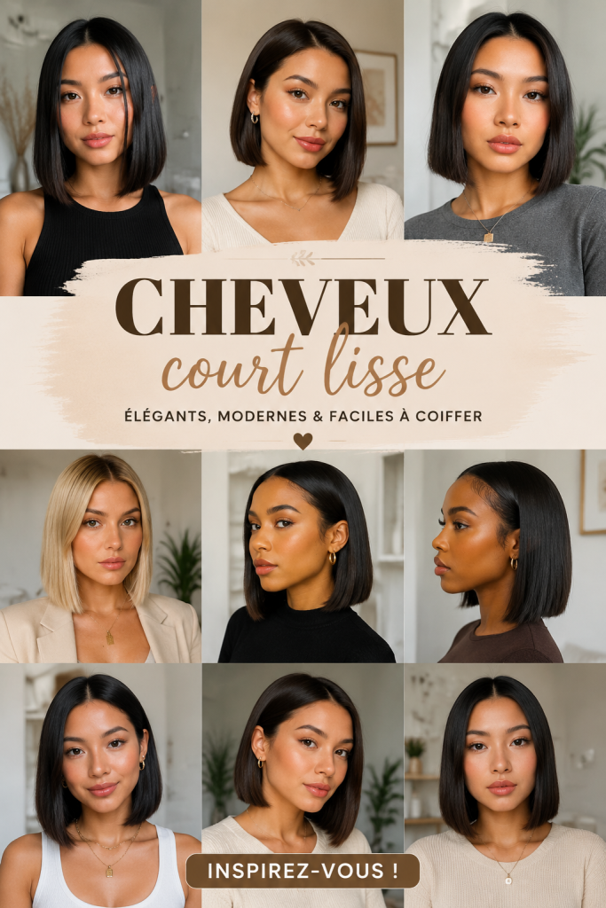 Femme avec des cheveux courts lisses, mettant en valeur un style moderne et élégant.