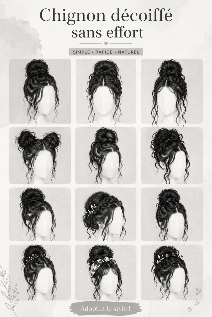 Chignon décoiffé élégant et décontracté sur une femme.