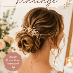 Un chignon flou élégant sur une mariée, avec des cheveux légèrement décoiffés et des accessoires floraux.