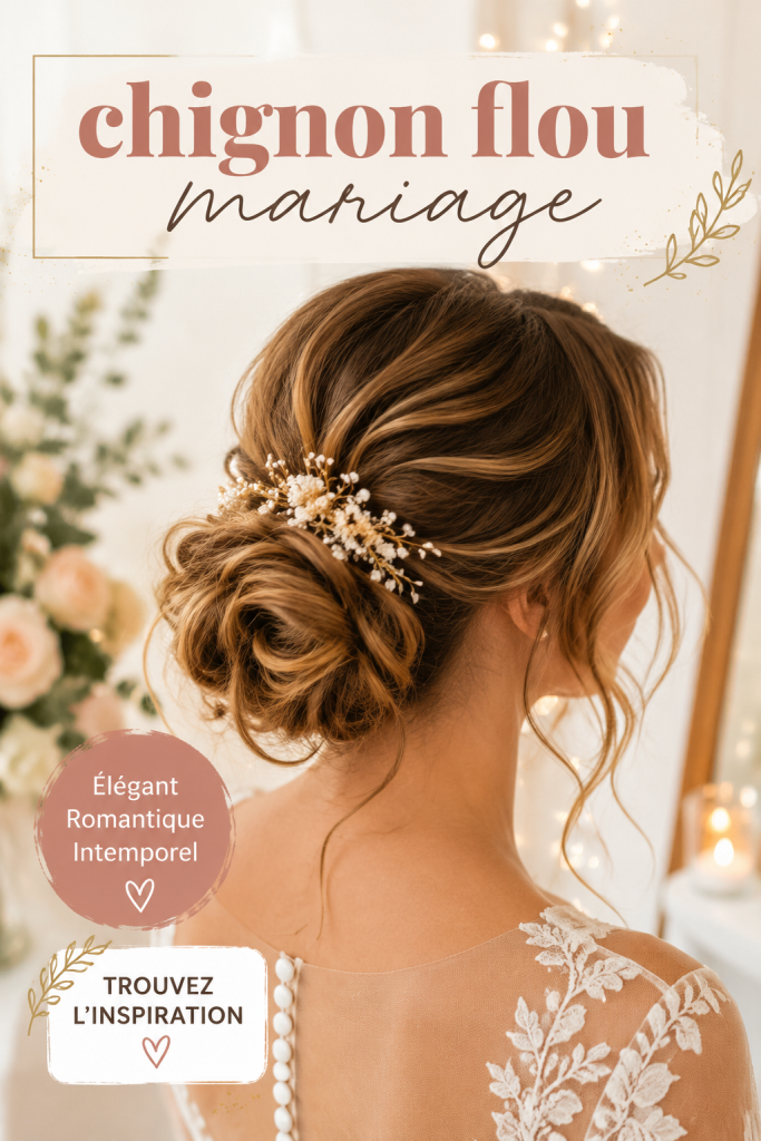 Un chignon flou élégant sur une mariée, avec des cheveux légèrement décoiffés et des accessoires floraux.