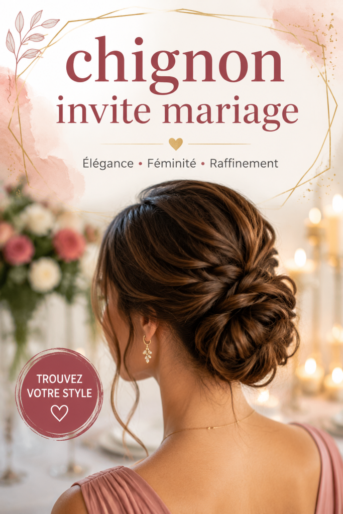 Chignon élégant pour un mariage, coiffure raffinée avec des accessoires floraux.