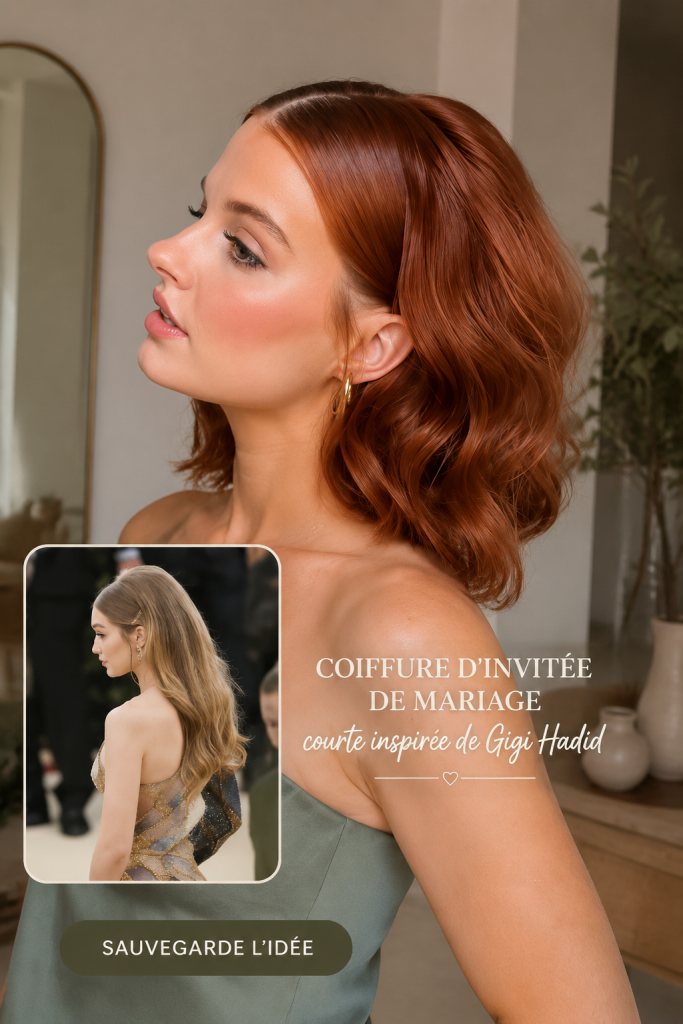 Coiffure élégante et courte pour un mariage, mettant en avant des boucles légères et un look raffiné.