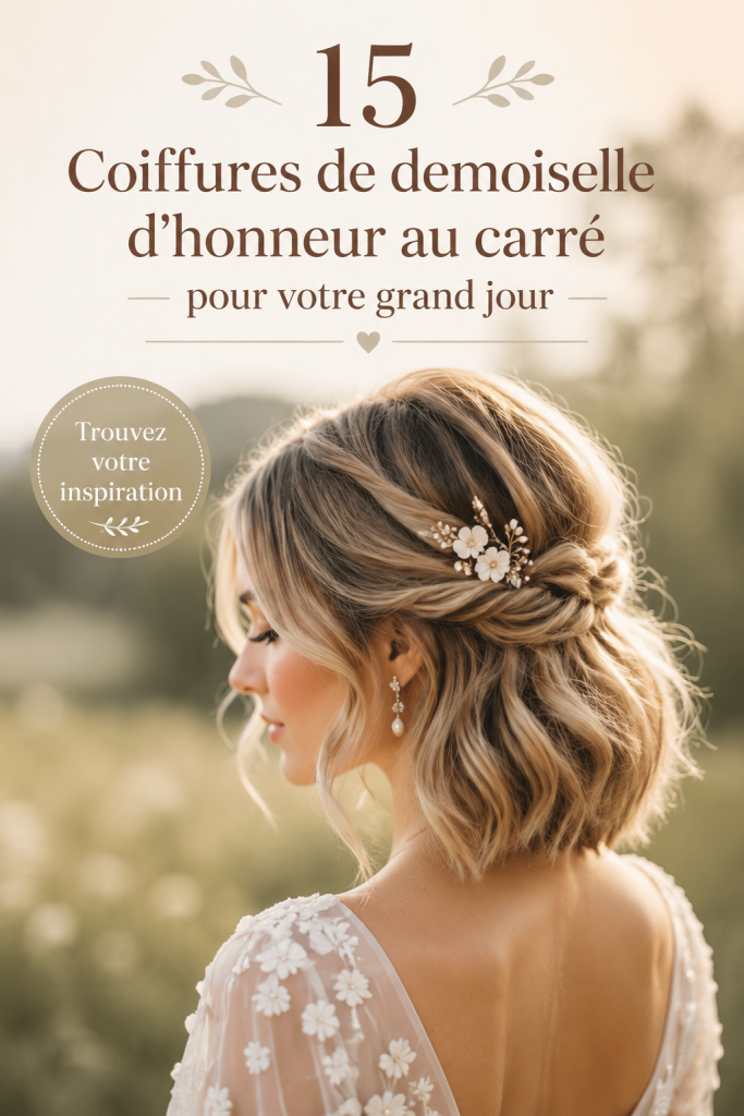 Coiffure bob élégante pour demoiselle d'honneur lors d'un mariage.