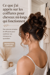 Coiffure moderne pour cheveux mi-longs avec des vagues naturelles.