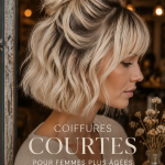 Femme mature avec une coupe courte élégante en 2026, symbole de chic et de tendance.