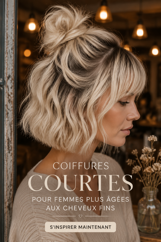 Femme mature avec une coupe courte élégante en 2026, symbole de chic et de tendance.