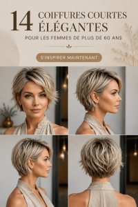 Coiffure courte élégante pour femme de plus de 60 ans, mélange de modernité et d'élégance.