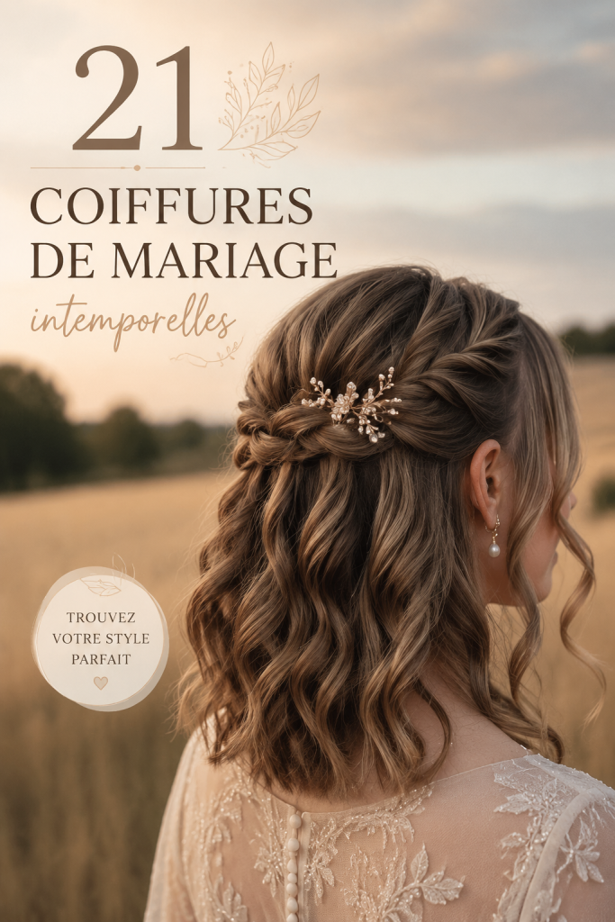 Une mariée avec une coiffure de mariage classique ornée de fleurs, illustrant l'élégance intemporelle.