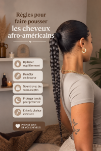 Femme avec des cheveux crépus bien entretenus, illustrant des conseils de soins capillaires.