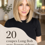 Exemple de coupe Long Bob avec frange rideau stylisée.