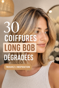 Modèle de long bob en couches stylisé sur une femme avec des cheveux ondulés.