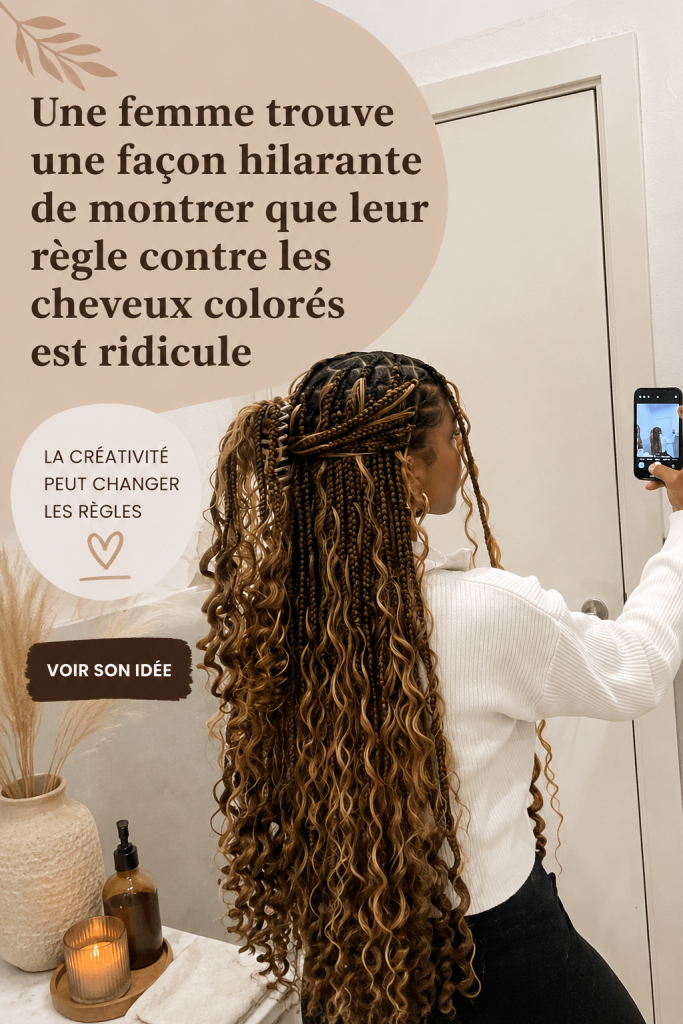Femme souriante avec des cheveux colorés défiant les conventions au travail.