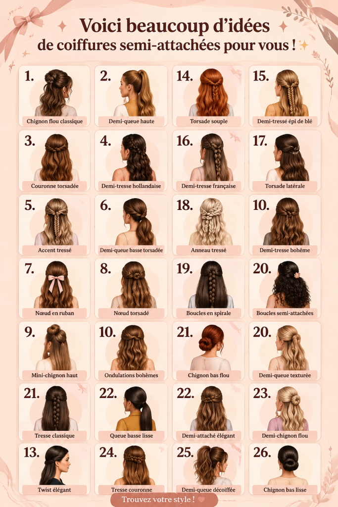 Coiffure half up élégante avec des boucles et des mèches encadrant le visage.