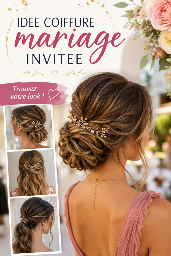 Coiffure élégante pour invitée à un mariage avec des boucles et des fleurs