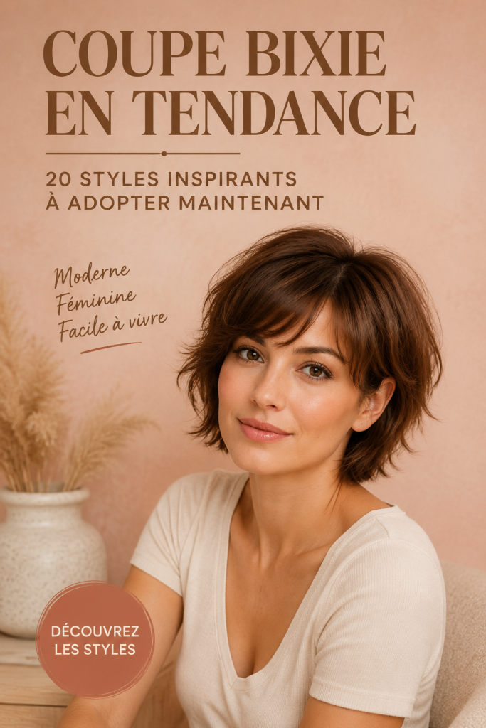 Femme souriante avec une coiffure bixie moderne et stylée.