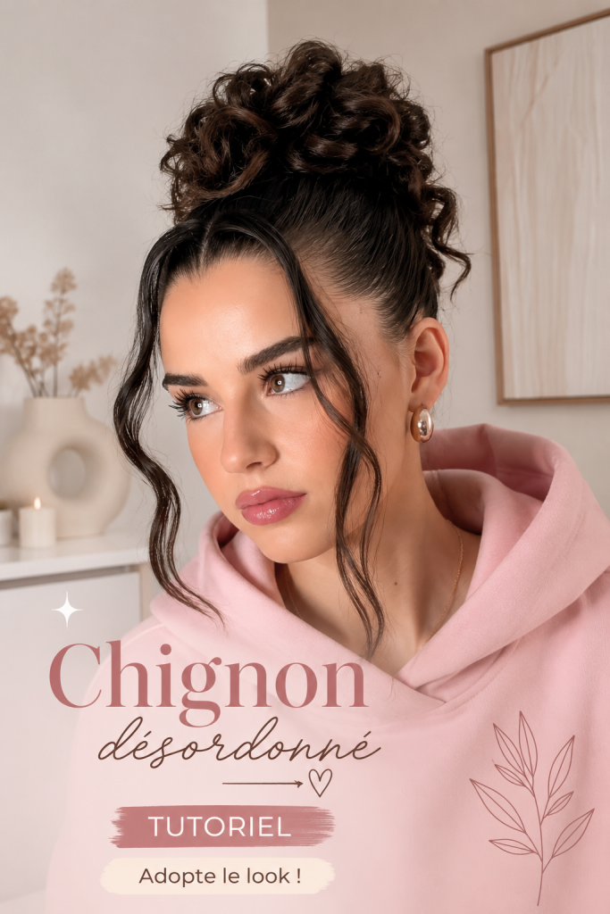 Femme réalisant un chignon décoiffé devant un miroir, créant un look élégant et naturel.