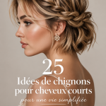 Chignon court élégant sur un modèle, mettant en valeur une coiffure chic et moderne.