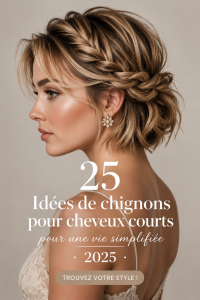 Chignon court élégant sur un modèle, mettant en valeur une coiffure chic et moderne.