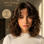 Femme avec des cheveux bouclés mi-longs et une frange, affichant un style moderne