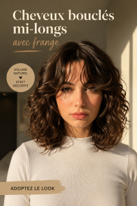 Femme avec des cheveux bouclés mi-longs et une frange, affichant un style moderne