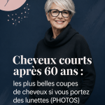 Femme de 60 ans avec une coupe courte élégante portant des lunettes.