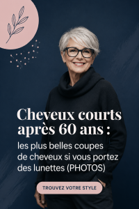 Femme de 60 ans avec une coupe courte élégante portant des lunettes.