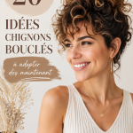 Chignon élégant réalisé sur des cheveux bouclés, stylé et pratique.