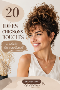 Chignon élégant réalisé sur des cheveux bouclés, stylé et pratique.