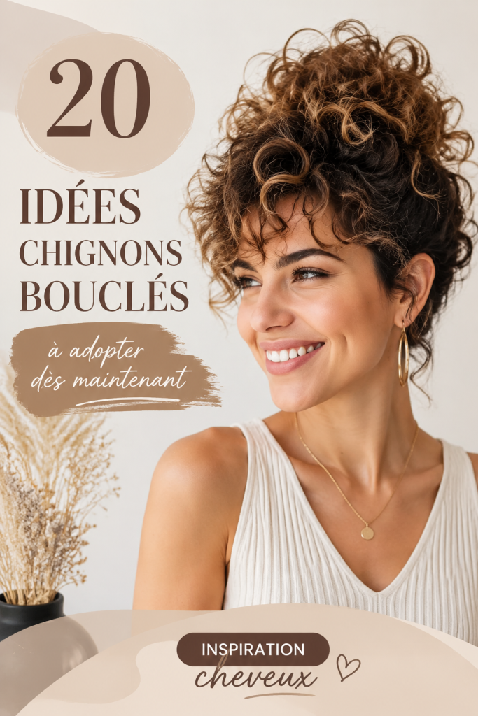 Chignon élégant réalisé sur des cheveux bouclés, stylé et pratique.
