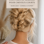Chignon de mariage élégant pour cheveux courts avec fleurs
