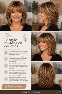 Femme avec une coiffure moderne en couches et des reflets dorés
