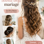 Coiffure élégante pour cheveux longs pour un mariage, avec des boucles et une couronne de fleurs.