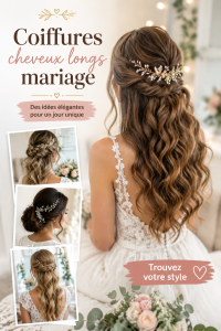 Coiffure élégante pour cheveux longs pour un mariage, avec des boucles et une couronne de fleurs.