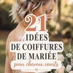 Coiffure de mariage élégante pour cheveux courts, ornée d'accessoires floraux.
