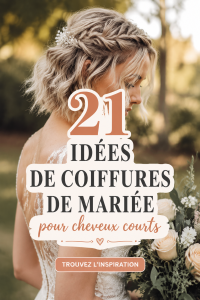 Coiffure de mariage élégante pour cheveux courts, ornée d'accessoires floraux.