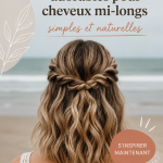 Femme avec une coiffure estivale à la plage, cheveux mi-longs et accessoire floral.