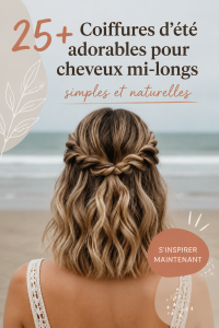 Femme avec une coiffure estivale à la plage, cheveux mi-longs et accessoire floral.