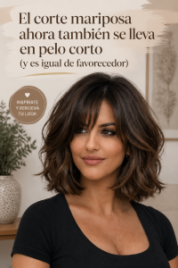 Femme avec un corte mariposa sur cheveux courts, affichant un look élégant et tendance.