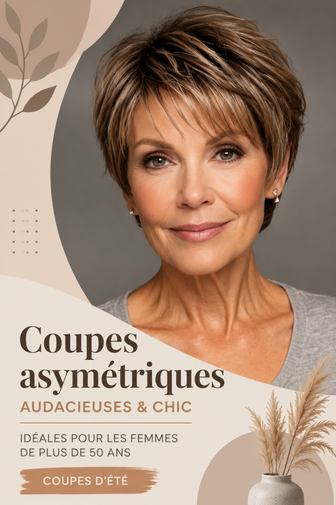 Femme de plus de 50 ans avec une coupe de cheveux asymétrique chic.