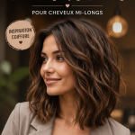 Modèle féminin avec une coupe dégradée et des cheveux bouclés mi-longs.