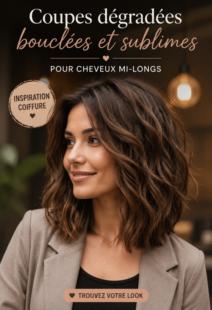 Modèle féminin avec une coupe dégradée et des cheveux bouclés mi-longs.