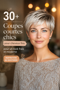 Une femme avec une coupe de cheveux courte et chic, mettant en valeur des cheveux fins.