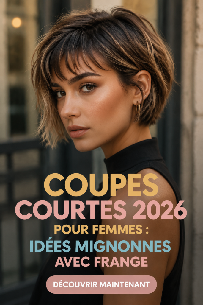 Photo d'une femme ayant une coupe de cheveux courte avec frange, affichant un look moderne.