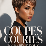 Femme avec une coupe courte tendance en 2026 affichant un look pixie doux.