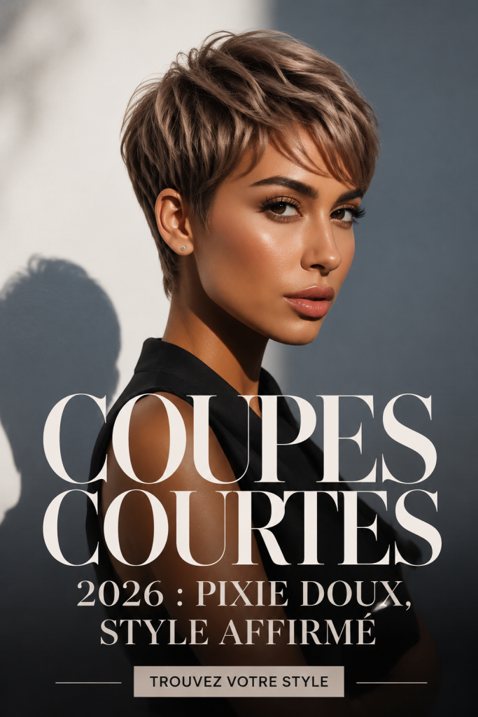 Femme avec une coupe courte tendance en 2026 affichant un look pixie doux.