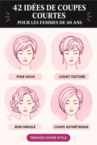 Coupes courtes élégantes pour femmes de 40 ans, avec des modèles variés et modernes.