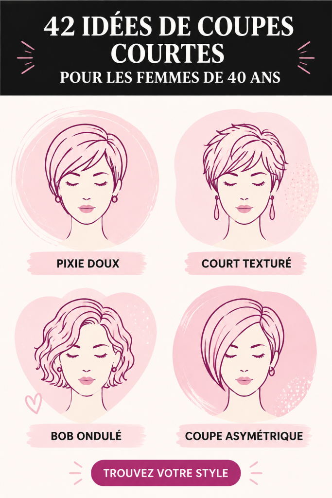 Coupes courtes élégantes pour femmes de 40 ans, avec des modèles variés et modernes.