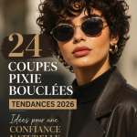 Une femme avec une coupe de cheveux pixie bouclée au style moderne et élégant.