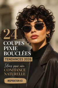 Une femme avec une coupe de cheveux pixie bouclée au style moderne et élégant.